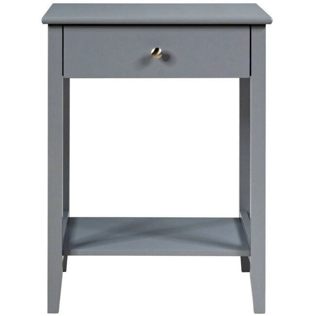 Mesita de Noche de 2 Niveles con Cajón, Blanca / Gris / Marrón — Individual