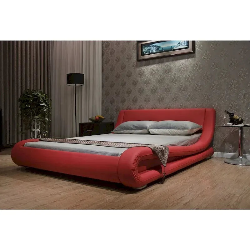 Cama Plataforma de Polipiel Roja con Cabecero Curvo – King, para 1 persona