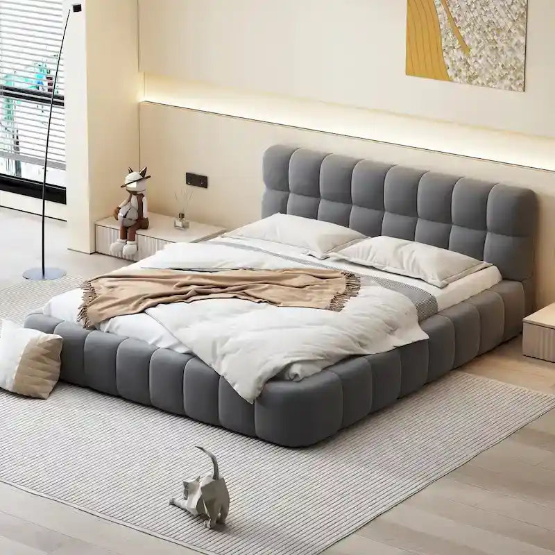 Cama Queen con plataforma tapizada en lino rosa/beige para 2 personas