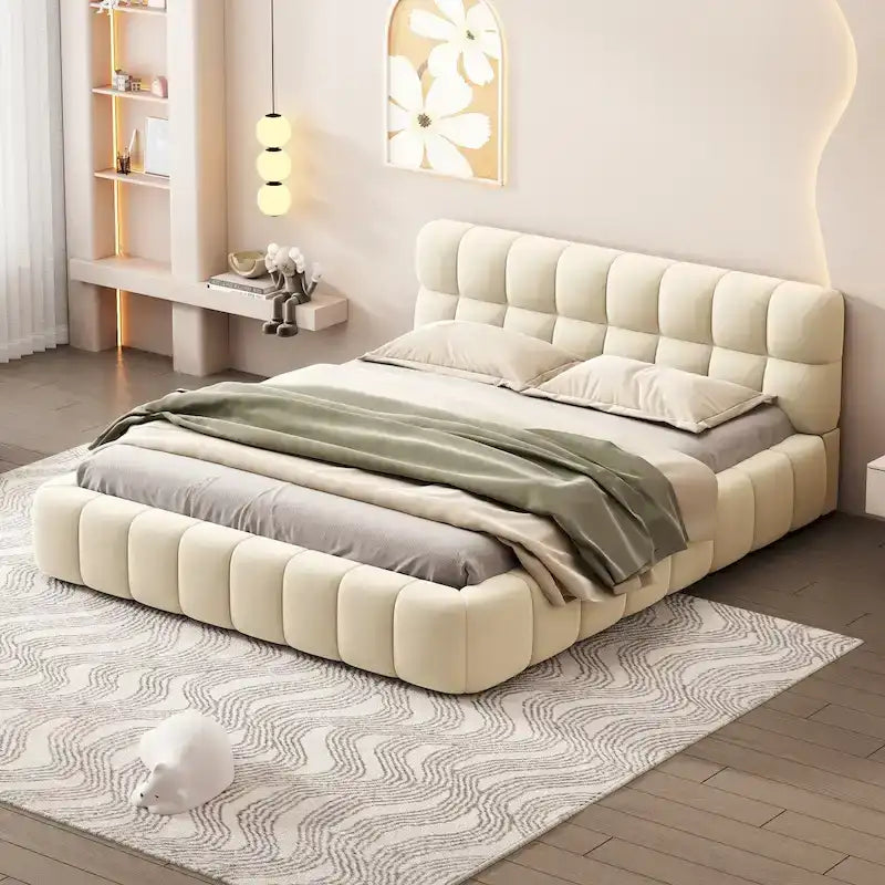 Cama Queen con plataforma tapizada en lino rosa/beige para 2 personas