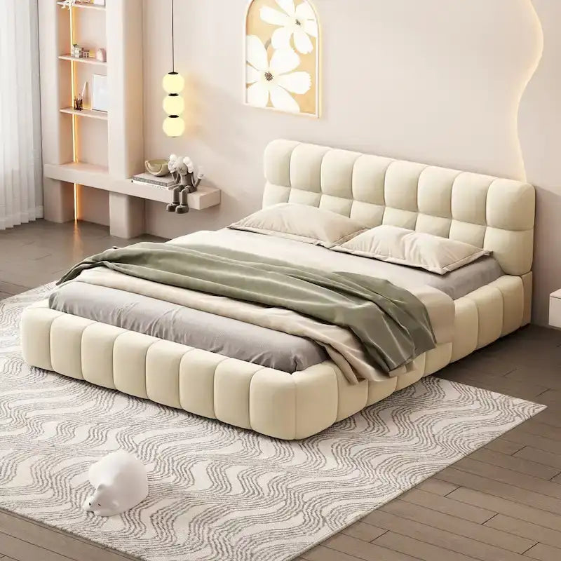 Cama Queen con plataforma tapizada en lino rosa/beige para 2 personas
