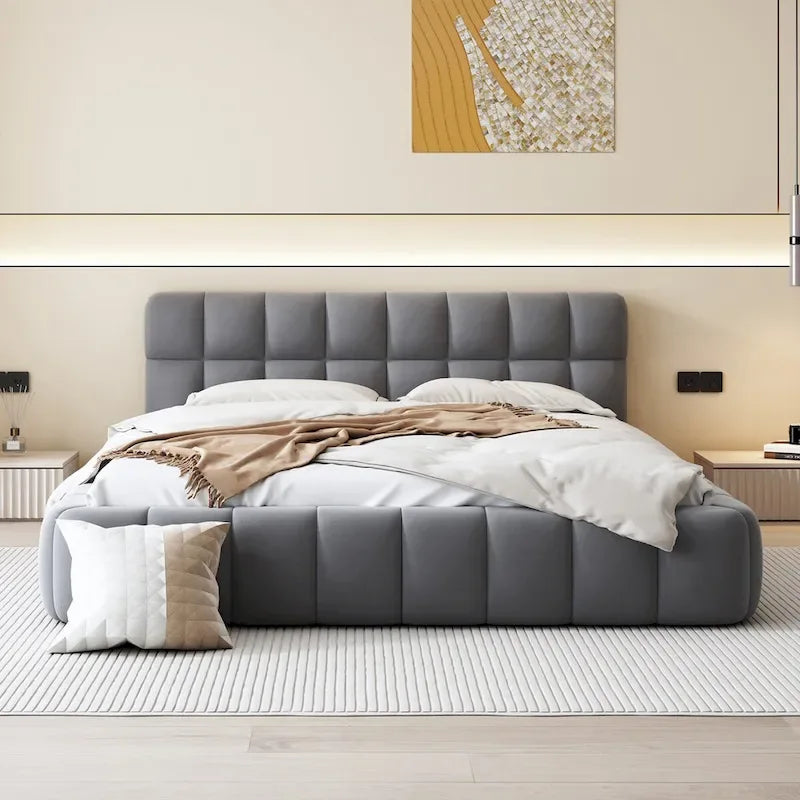 Cama Queen con plataforma tapizada en lino rosa/beige para 2 personas