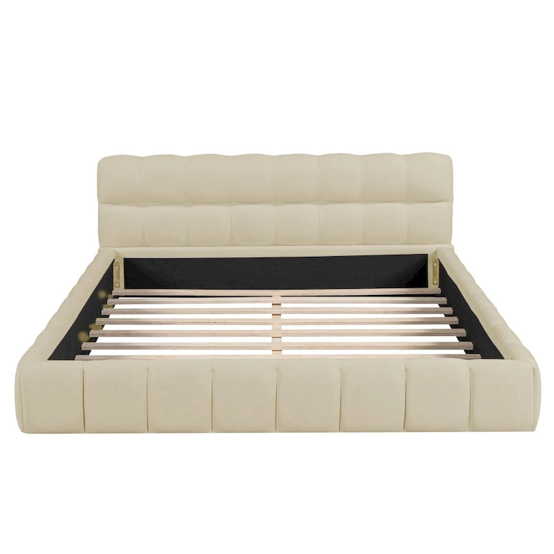 Cama Queen con plataforma tapizada en lino rosa/beige para 2 personas