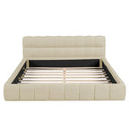 Cama Queen con plataforma tapizada en lino rosa/beige para 2 personas