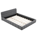 Cama Queen con plataforma tapizada en lino rosa/beige para 2 personas