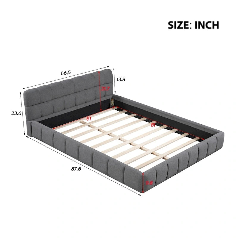 Cama Queen con plataforma tapizada en lino rosa/beige para 2 personas