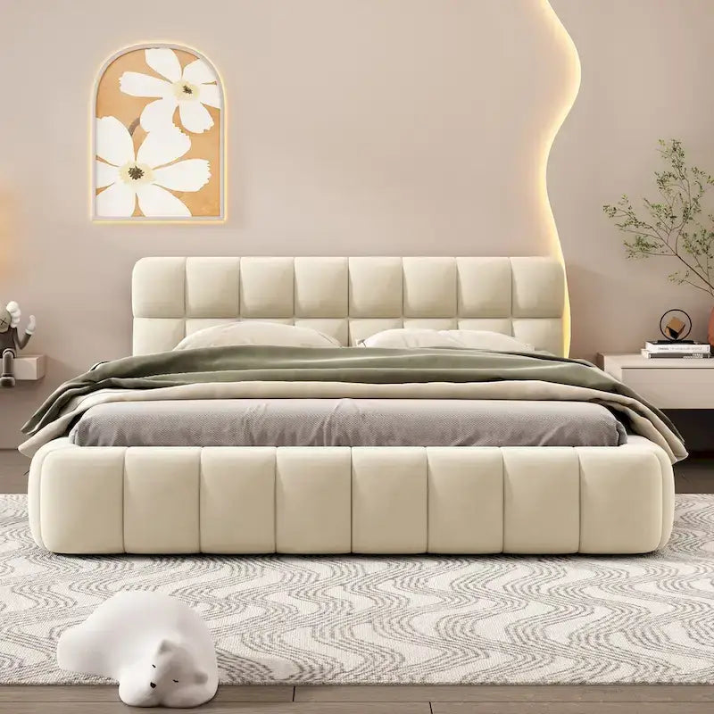 Cama Queen con plataforma tapizada en lino rosa/beige para 2 personas