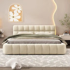 Cama Queen con plataforma tapizada en lino rosa/beige para 2 personas