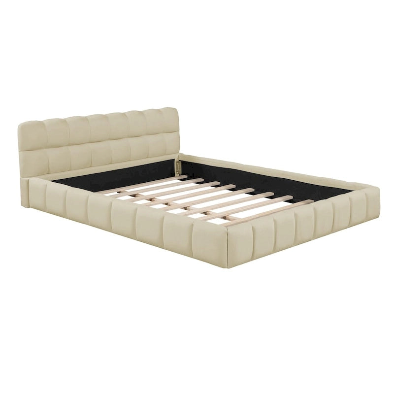 Cama Queen con plataforma tapizada en lino rosa/beige para 2 personas