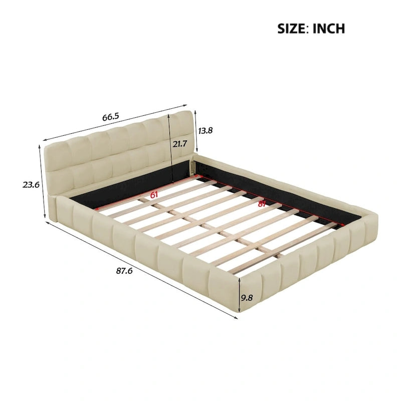 Cama Queen con plataforma tapizada en lino rosa/beige para 2 personas