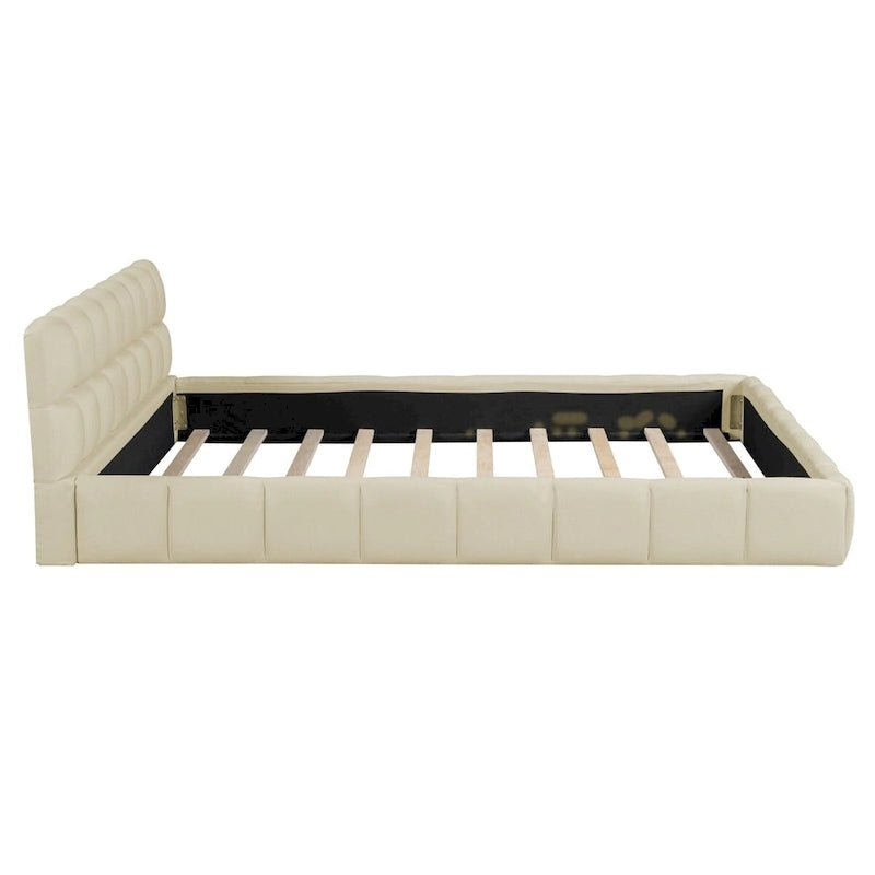 Cama Queen con plataforma tapizada en lino rosa/beige para 2 personas