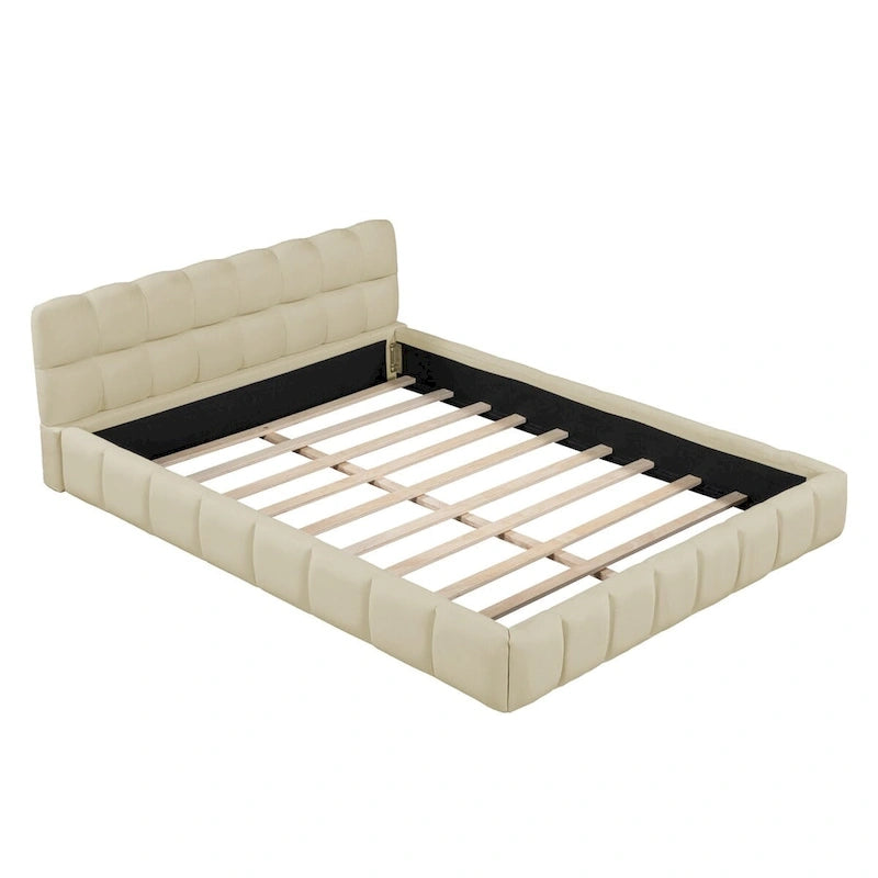 Cama Queen con plataforma tapizada en lino rosa/beige para 2 personas