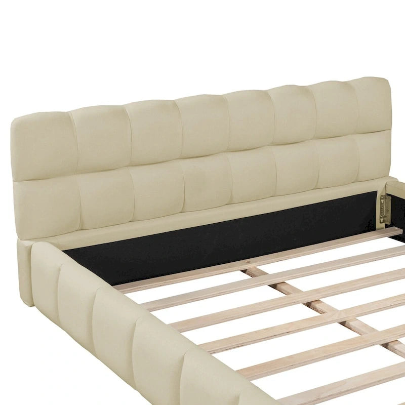 Cama Queen con plataforma tapizada en lino rosa/beige para 2 personas