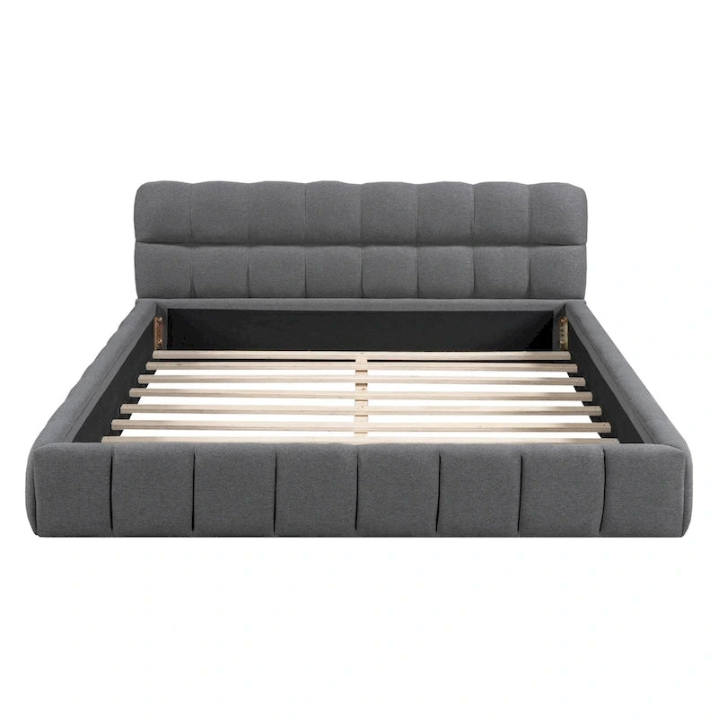 Cama Queen con plataforma tapizada en lino rosa/beige para 2 personas