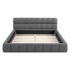 Cama Queen con plataforma tapizada en lino rosa/beige para 2 personas