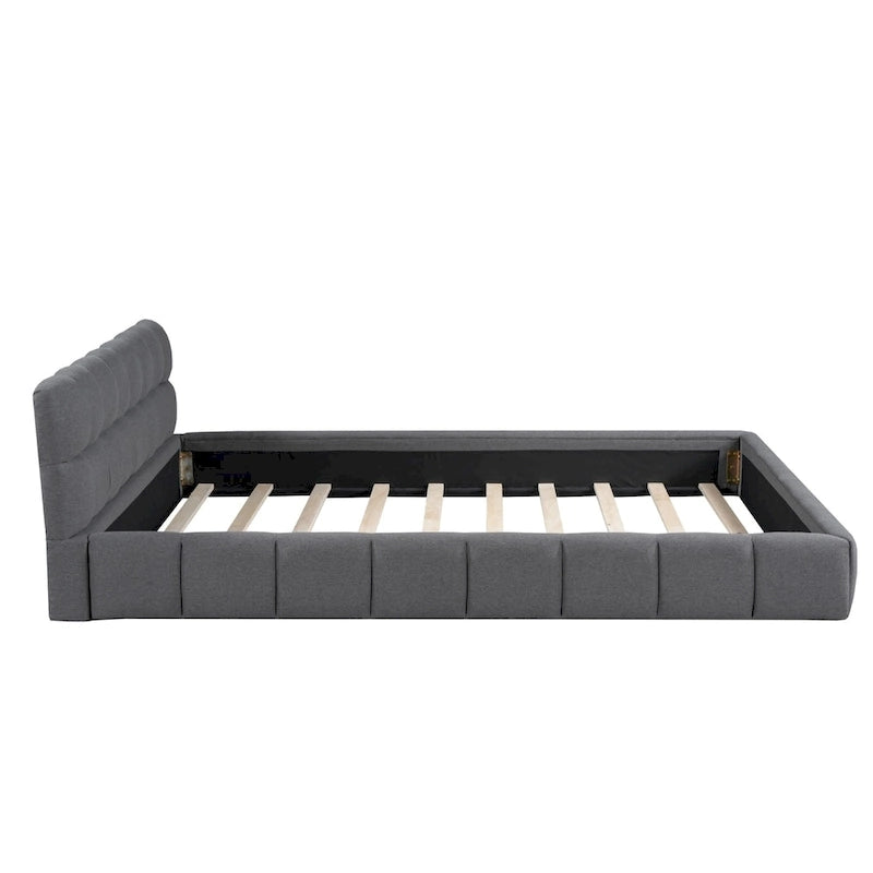 Cama Queen con plataforma tapizada en lino rosa/beige para 2 personas