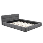 Cama Queen con plataforma tapizada en lino rosa/beige para 2 personas