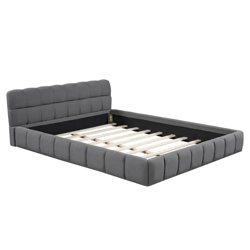Cama Queen con plataforma tapizada en lino rosa/beige para 2 personas