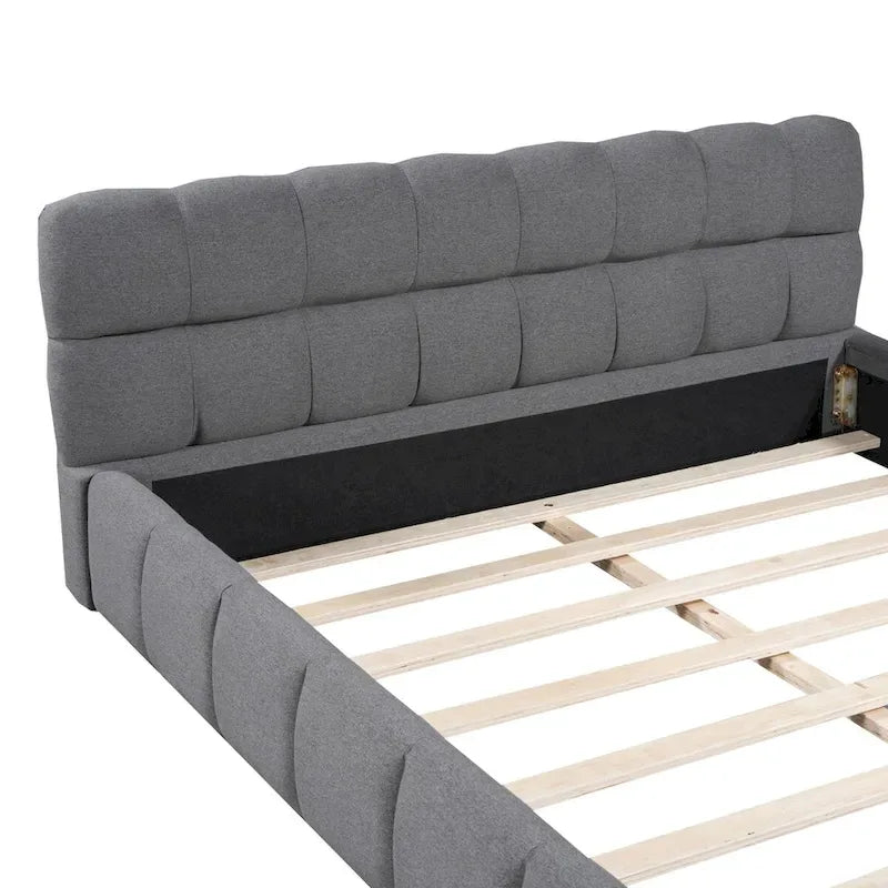 Cama Queen con plataforma tapizada en lino rosa/beige para 2 personas