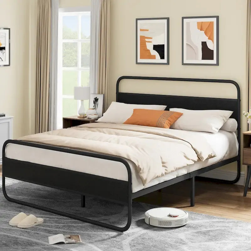 Marco de cama con plataforma de metal Black / Tiger Wood con cabecero de madera, Queen / King, 2 personas