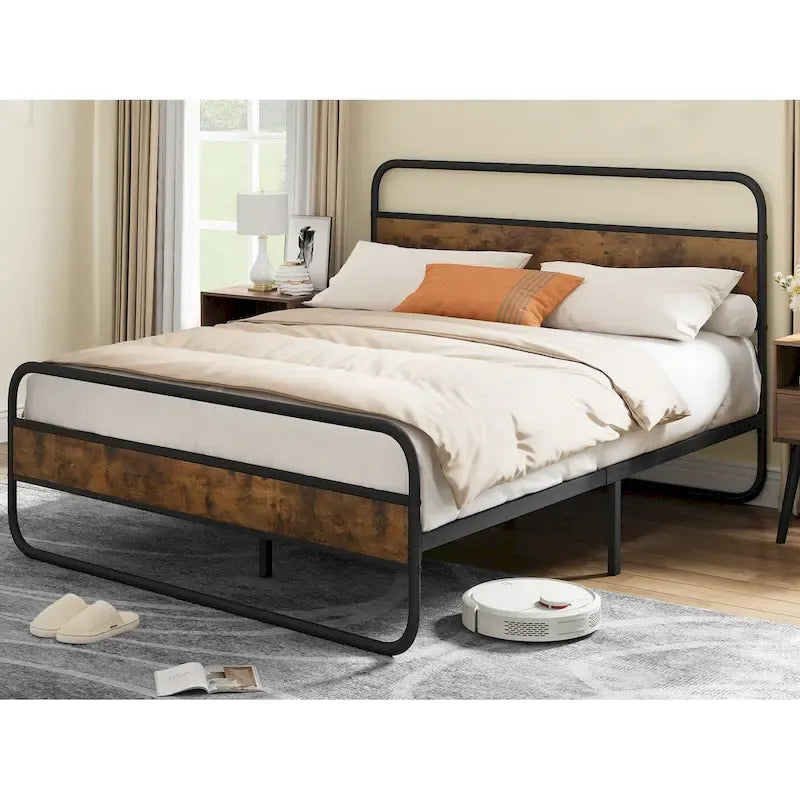 Marco de cama con plataforma de metal Black / Tiger Wood con cabecero de madera, Queen / King, 2 personas