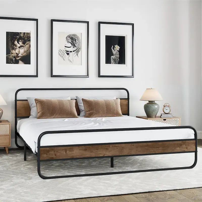Marco de cama con plataforma de metal Black / Tiger Wood con cabecero de madera, Queen / King, 2 personas
