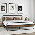 Marco de cama con plataforma de metal Black / Tiger Wood con cabecero de madera, Queen / King, 2 personas