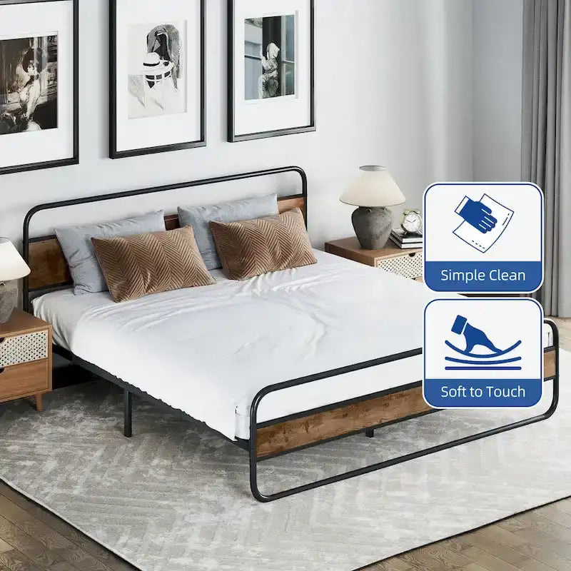 Marco de cama con plataforma de metal Black / Tiger Wood con cabecero de madera, Queen / King, 2 personas