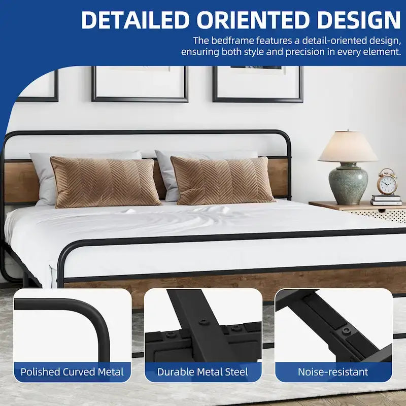 Marco de cama con plataforma de metal Black / Tiger Wood con cabecero de madera, Queen / King, 2 personas