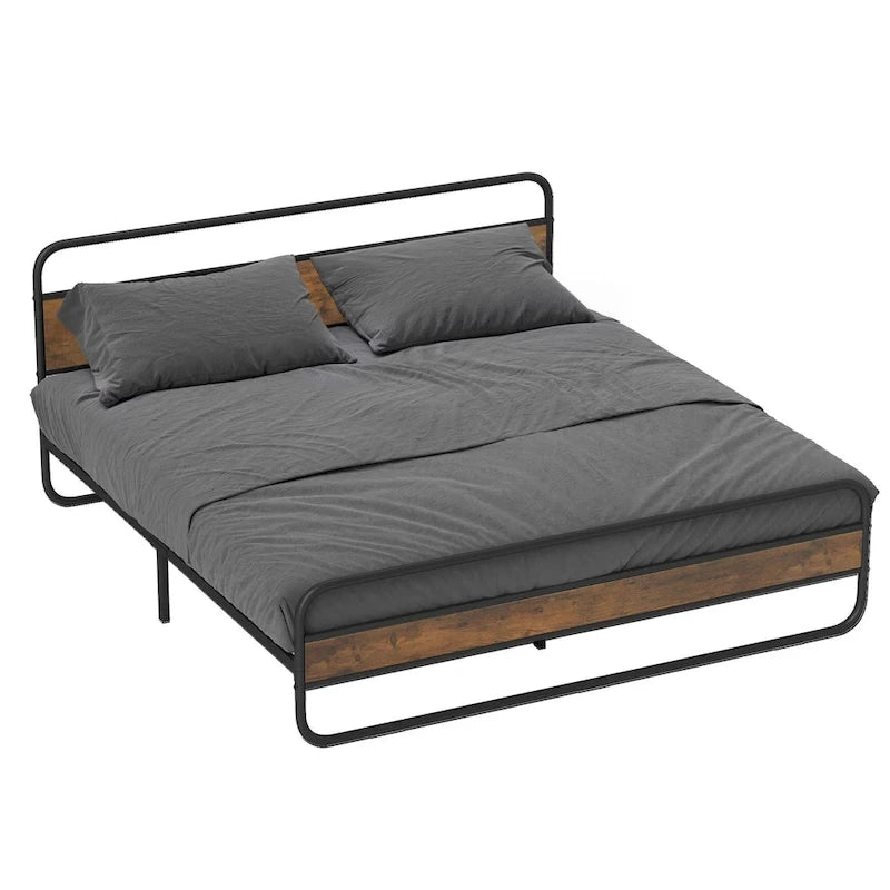 Marco de cama con plataforma de metal Black / Tiger Wood con cabecero de madera, Queen / King, 2 personas