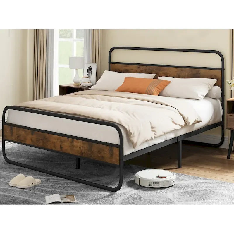 Marco de cama con plataforma de metal Black / Tiger Wood con cabecero de madera, Queen / King, 2 personas