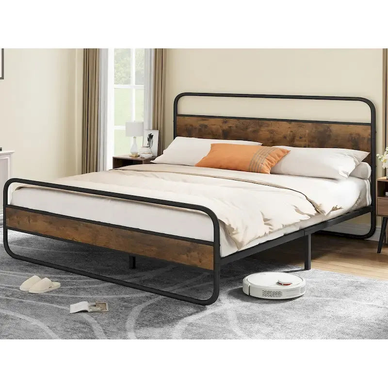 Marco de cama con plataforma de metal Black / Tiger Wood con cabecero de madera, Queen / King, 2 personas