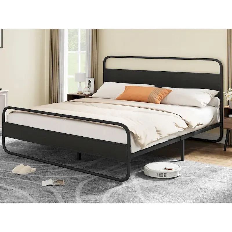 Marco de cama con plataforma de metal Black / Tiger Wood con cabecero de madera, Queen / King, 2 personas