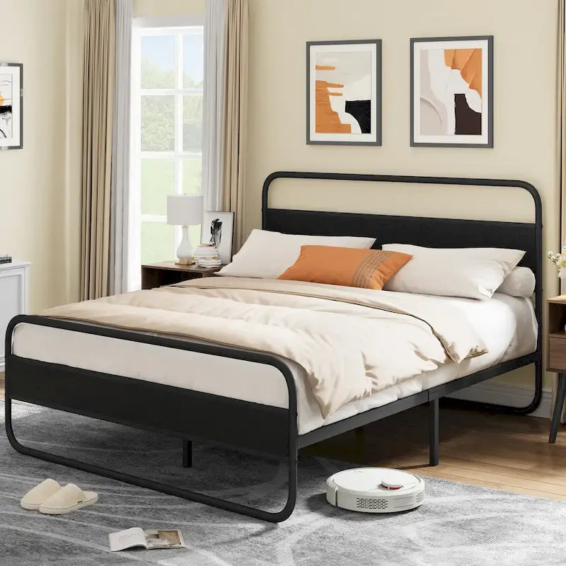 Marco de cama con plataforma de metal Black / Tiger Wood con cabecero de madera, Queen / King, 2 personas