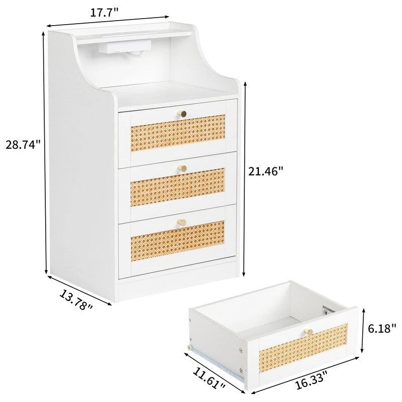 Mesita de noche de 3 cajones con carga USB e inalámbrica, individual