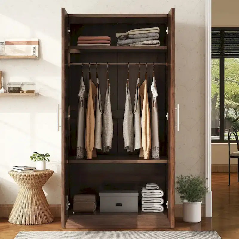Armario ropero de madera marrón de 2 puertas con 3 estantes