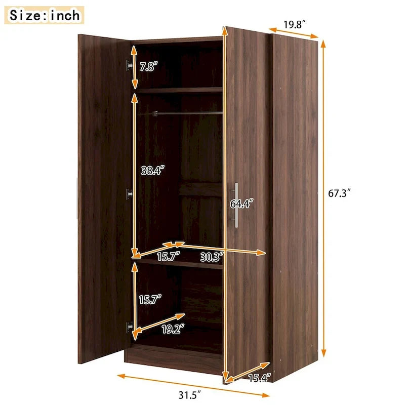 Armario ropero de madera marrón de 2 puertas con 3 estantes