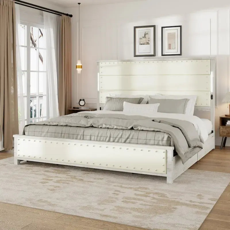 Estructura de cama plataforma King Blanco Antiguo, cabecera de piel sintética, para 2 personas, 4 cajones y LED