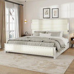 King Bed Frame with Headboard&Charging Station, 4 Drawers, LED Lights, Wood Slats, Faux Leather & Rivets, No Box Spring Needed