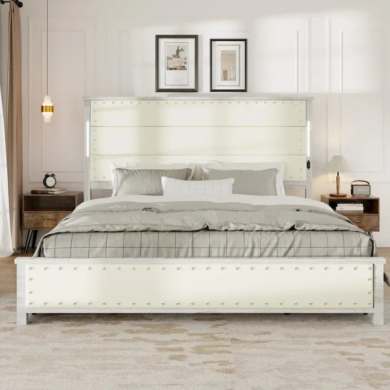 Estructura de cama plataforma King Blanco Antiguo, cabecera de piel sintética, para 2 personas, 4 cajones y LED