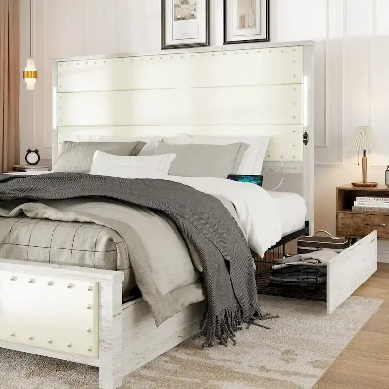 Estructura de cama plataforma King Blanco Antiguo, cabecera de piel sintética, para 2 personas, 4 cajones y LED