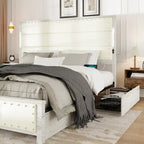 Estructura de cama plataforma King Blanco Antiguo, cabecera de piel sintética, para 2 personas, 4 cajones y LED