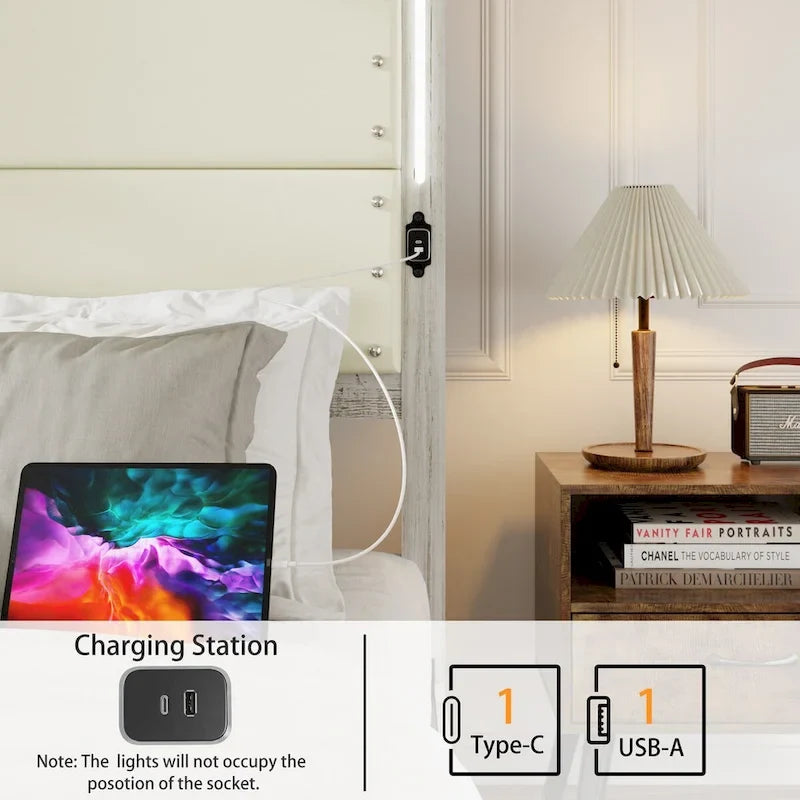 Estructura de cama plataforma King Blanco Antiguo, cabecera de piel sintética, para 2 personas, 4 cajones y LED