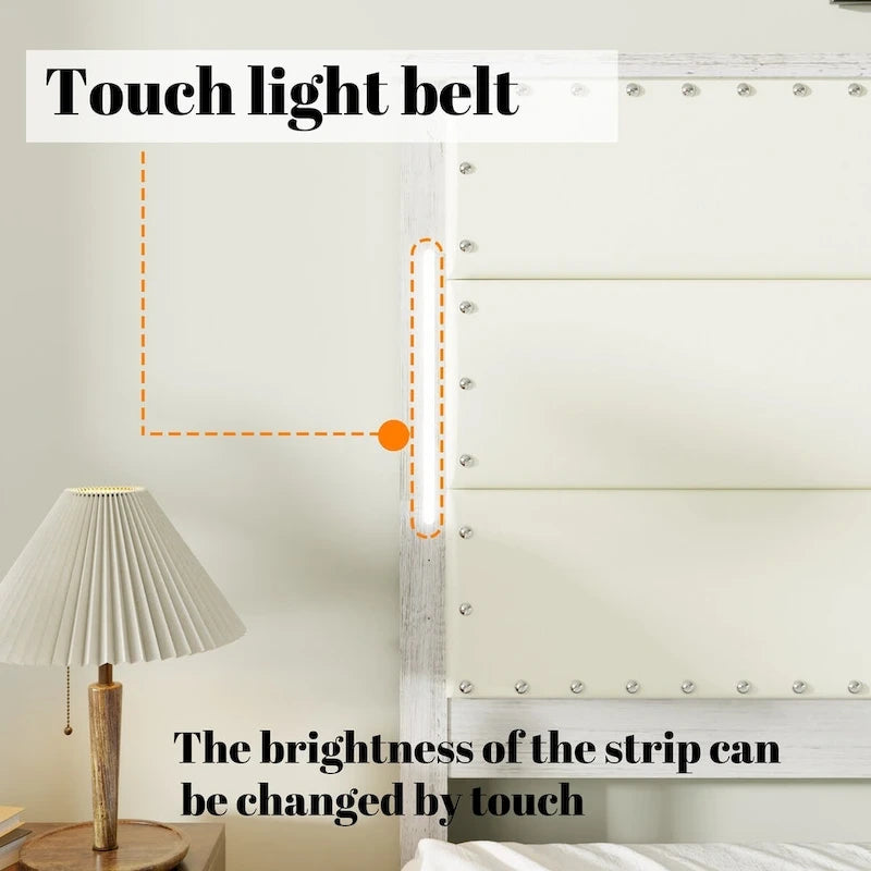 Estructura de cama plataforma King Blanco Antiguo, cabecera de piel sintética, para 2 personas, 4 cajones y LED