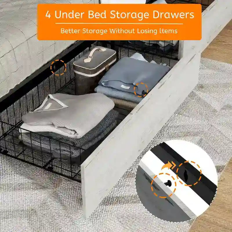 Estructura de cama plataforma King Blanco Antiguo, cabecera de piel sintética, para 2 personas, 4 cajones y LED