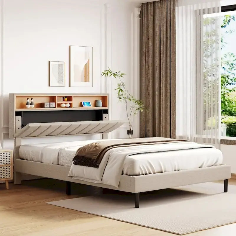 Cama de almacenamiento tapizada gris/beige con puertos USB, individual/matrimonial, 1-2 personas