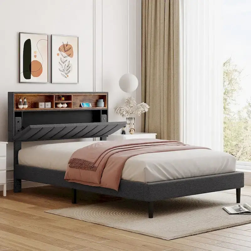 Cama de almacenamiento tapizada gris/beige con puertos USB, individual/matrimonial, 1-2 personas