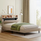 Cama de almacenamiento tapizada gris/beige con puertos USB, individual/matrimonial, 1-2 personas
