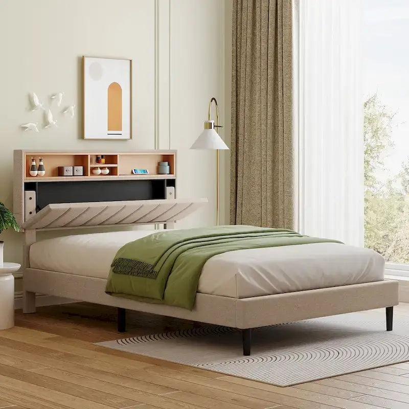 Cama de almacenamiento tapizada gris/beige con puertos USB, individual/matrimonial, 1-2 personas