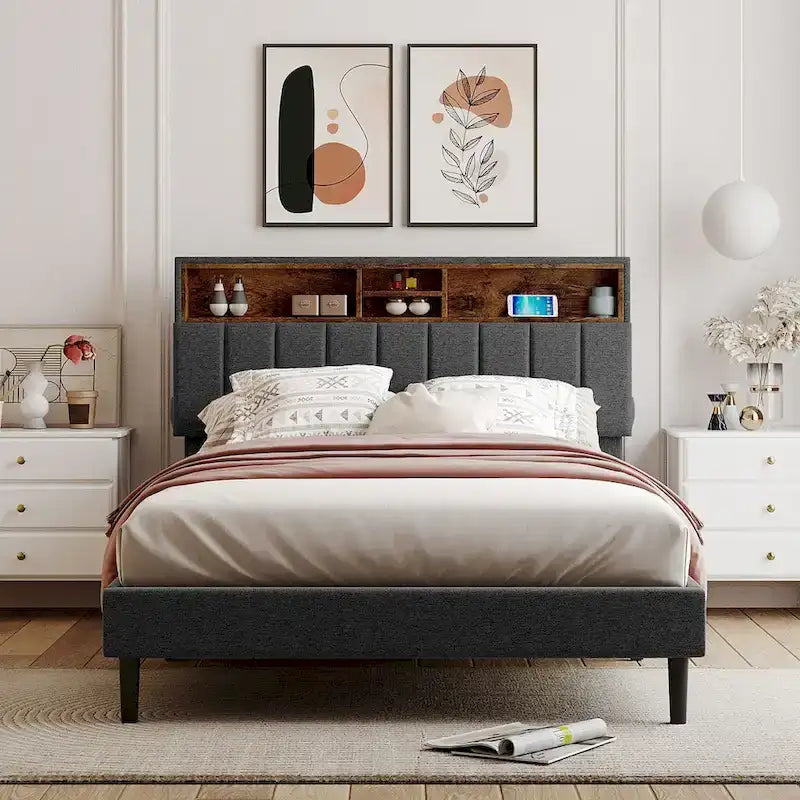 Cama de almacenamiento tapizada gris/beige con puertos USB, individual/matrimonial, 1-2 personas